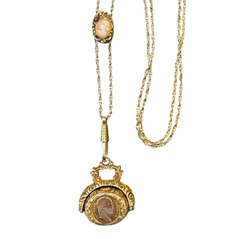 Vintage Goldette Flip Fob Pendant Necklace Cameo Faux Napoleon Coin Gold Tone